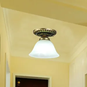 Frosted Glass Semi Flush Mount Vintage Bronze Bell Ceiling Light