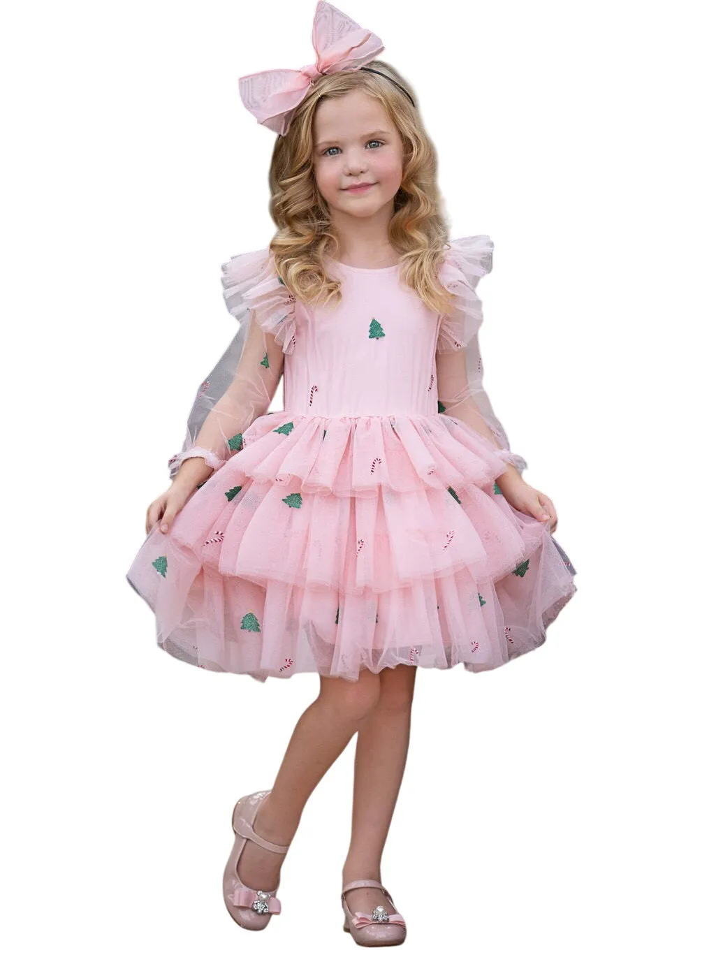 Frosted Pink Candy Cane Christmas Ruffled Tutu Dress