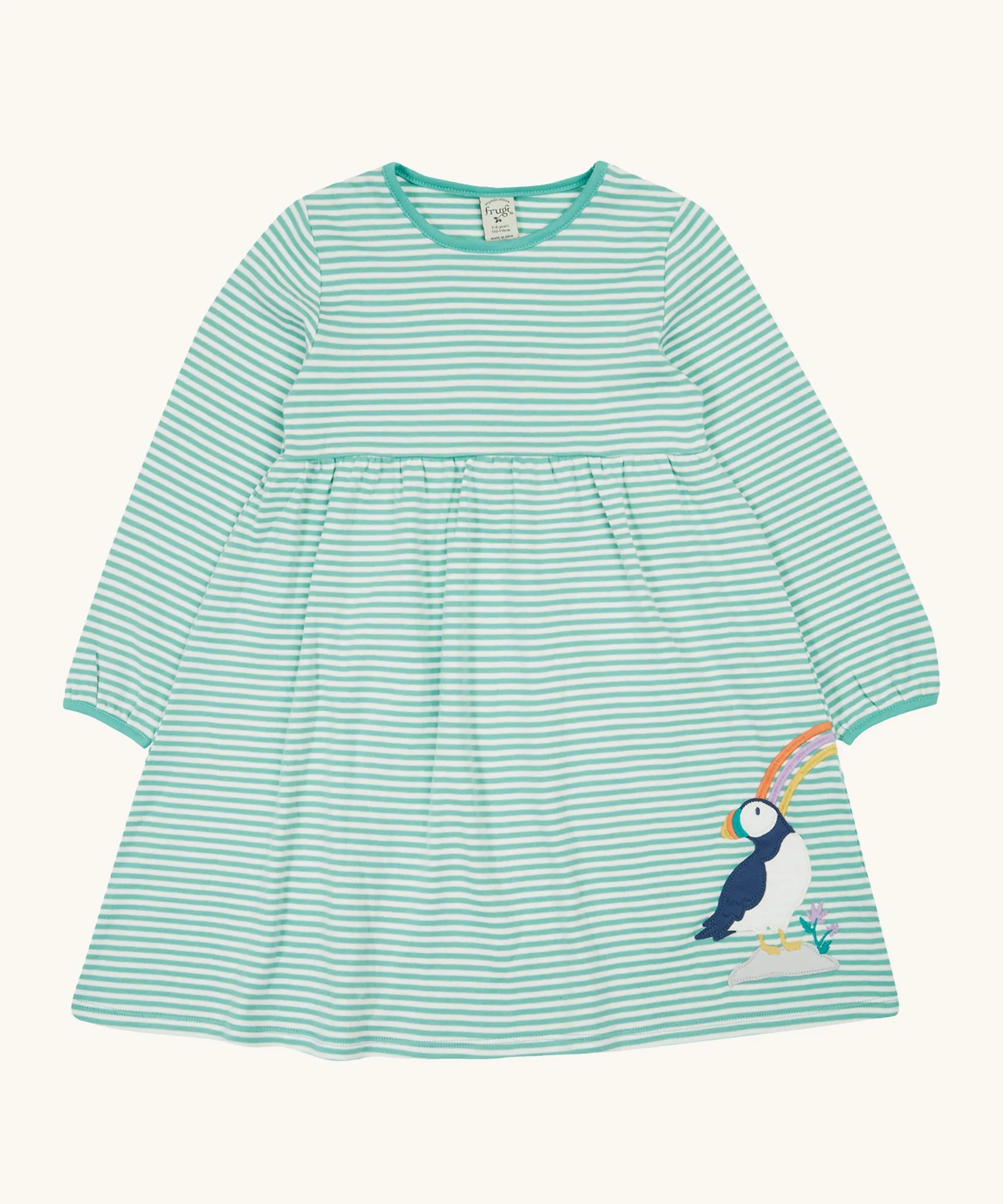 Frugi Dolcie Dress - Moss Stripe/Puffin Rainbow