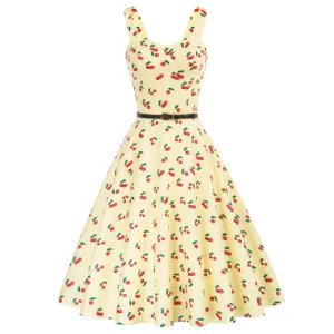 Fruit Printed Sweetheart Neck Flared 1950s Sleeveless A-Line Dress with Belt