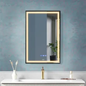 Fuao Premium HD Smart Mirror for Walls with Anti-Fog Function, Time-Temperature Display and Adjustable Brightness 3-Tone LED Lighting| 100% Silver Coating, Anodized Aluminium Frame Black-45 * 60CM