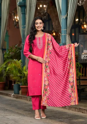 Fuchsia Floral Printed Viscose Kurta Pant And Dupatta Set With Zari Work