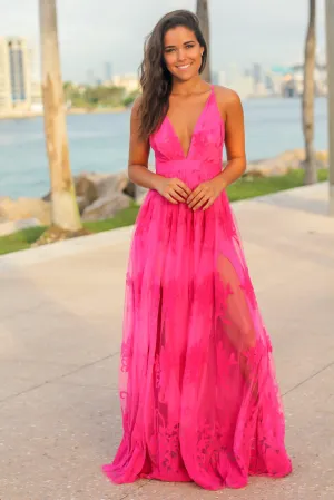 Fuchsia Floral Tulle Maxi Dress with Criss Cross Back