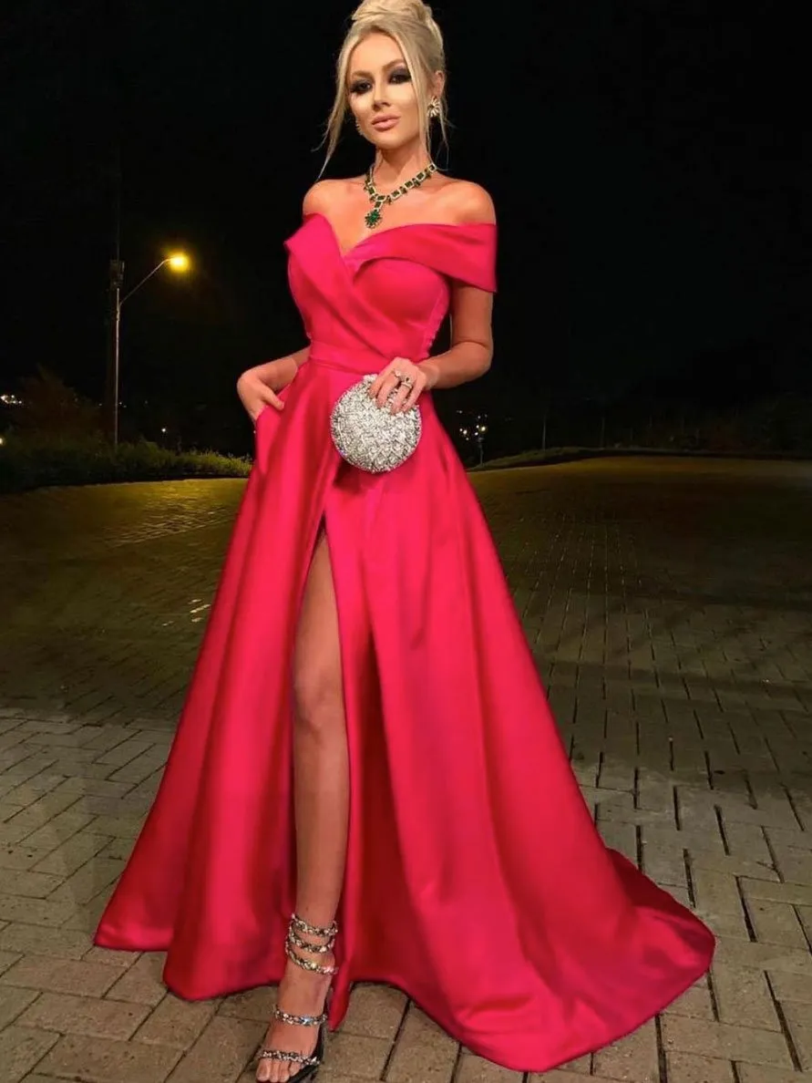 Fuchsia off shoulder satin long prom dress,Sexy evening dresses,Wedding Party Dress