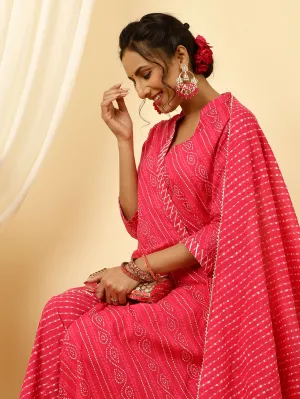 Fuchsia Pink Bandhani Angrakha Kurta With Leheriya Pants And Dupatta