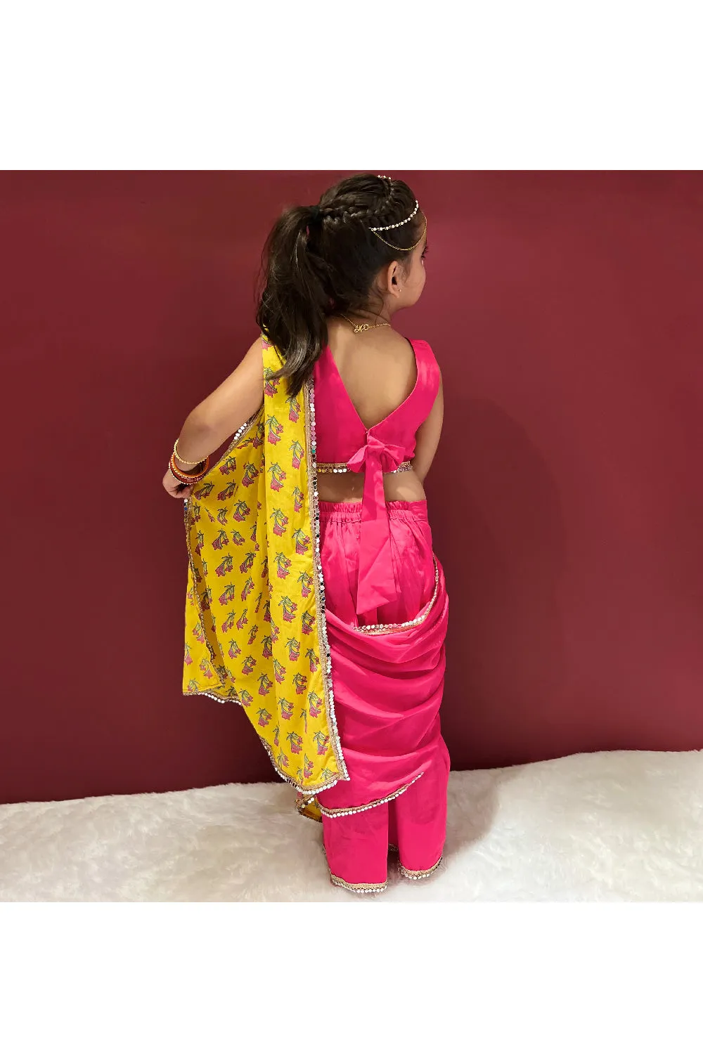 Fuchsia Pink Lace Embellished Blouse With Hand Block Printed Saree Set