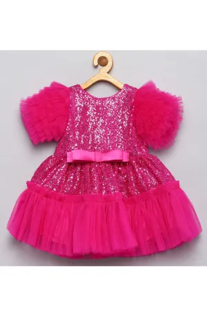 Fuchsia Pink Sequins Bow Detailing Frill Tulle Dress