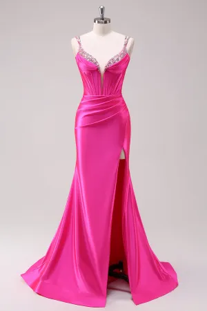 Fuchsia Ruched Corset Mermaid Prom Dress with Slit