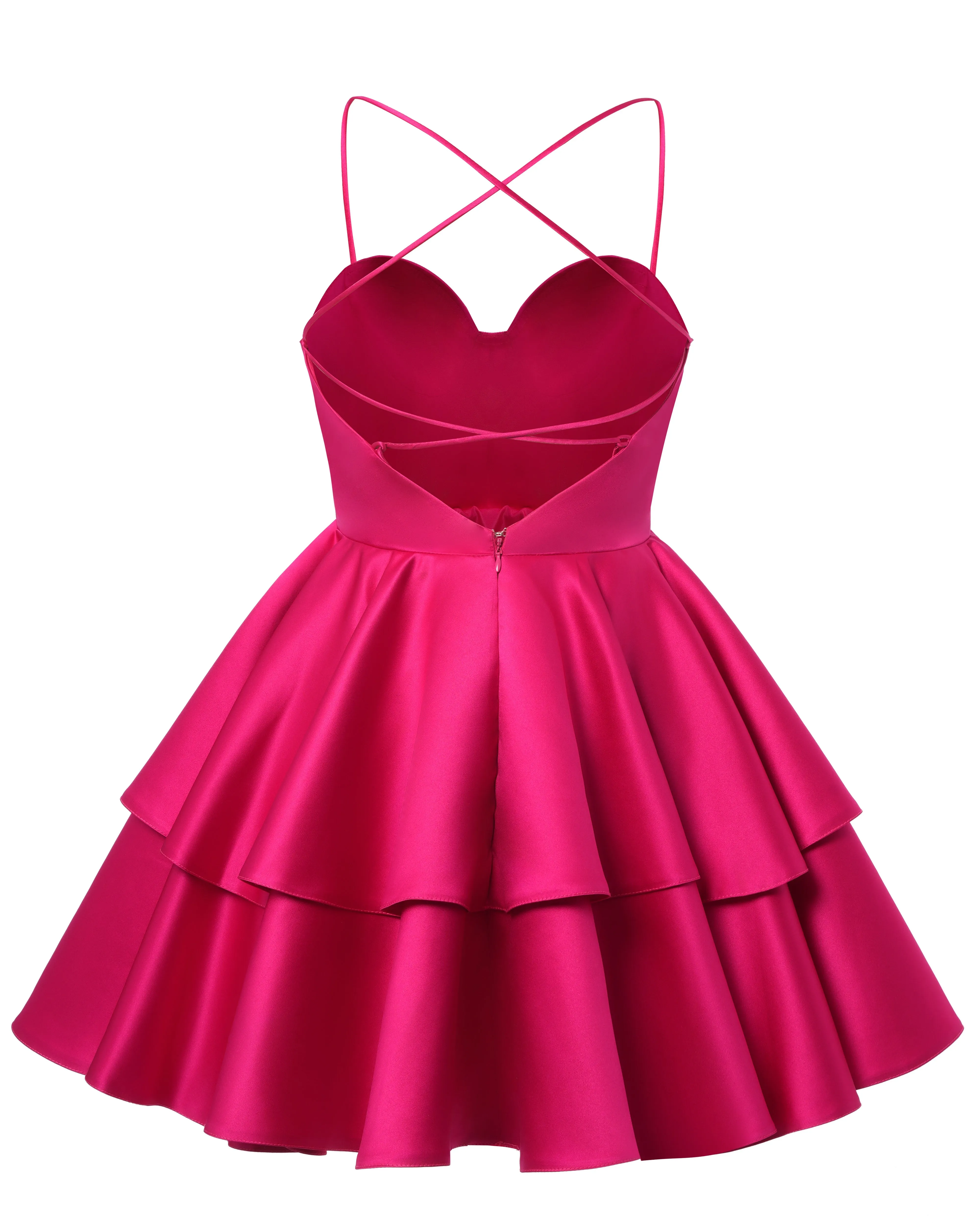 Fuchsia Satin Homecoming Dress Sweetheart Neck Tiered Short Graduation Dresses