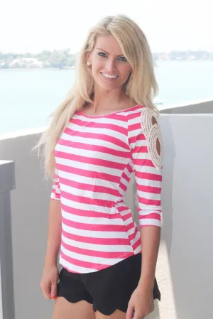 Fuchsia Striped Top With Crochet Shoulder