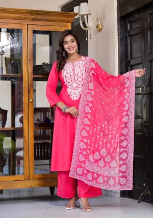 Fuchsia Thread Embroidered Liva Rayon Kurta Palazzo And Dupatta Set