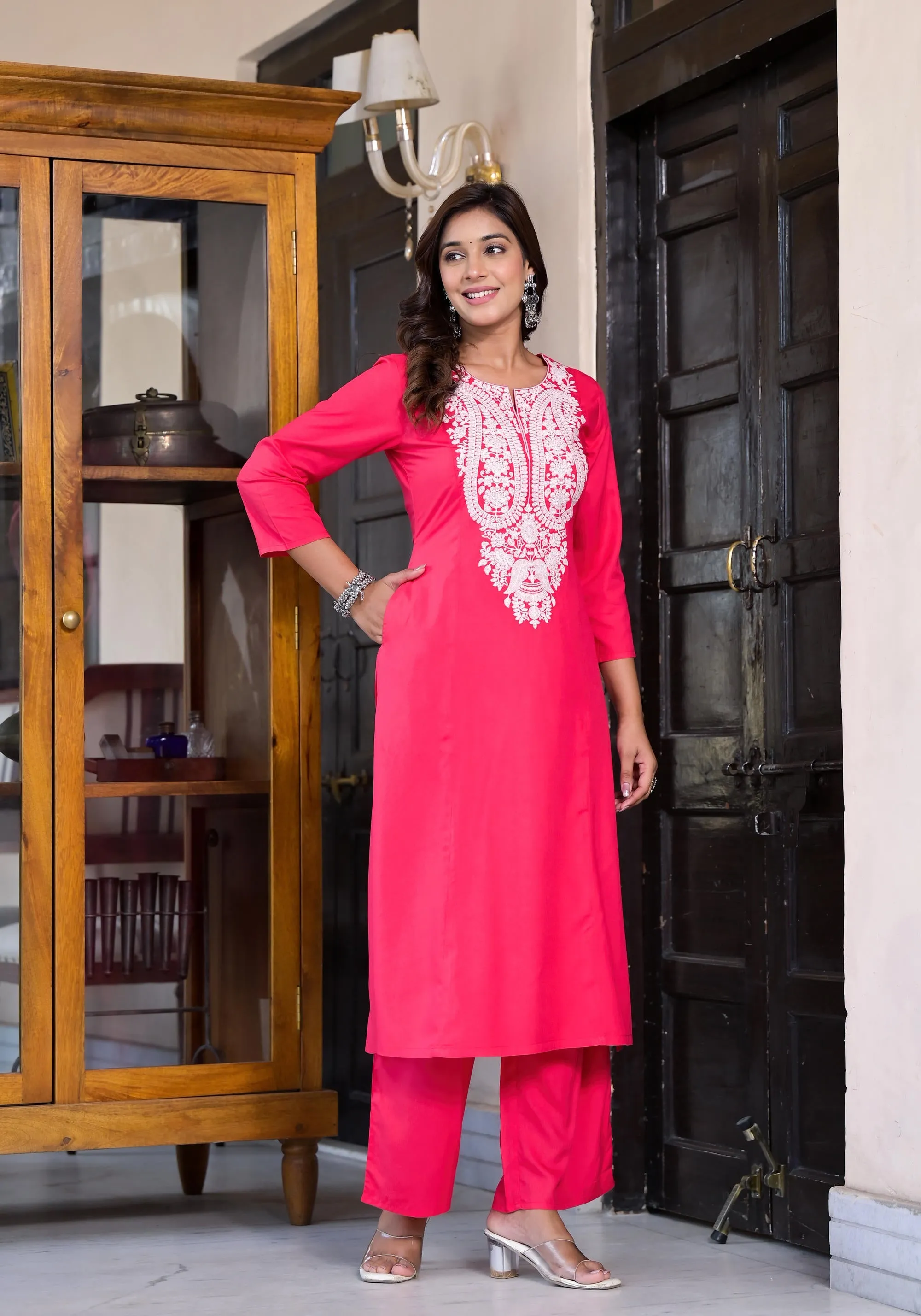 Fuchsia Thread Embroidered Liva Rayon Kurta Palazzo And Dupatta Set