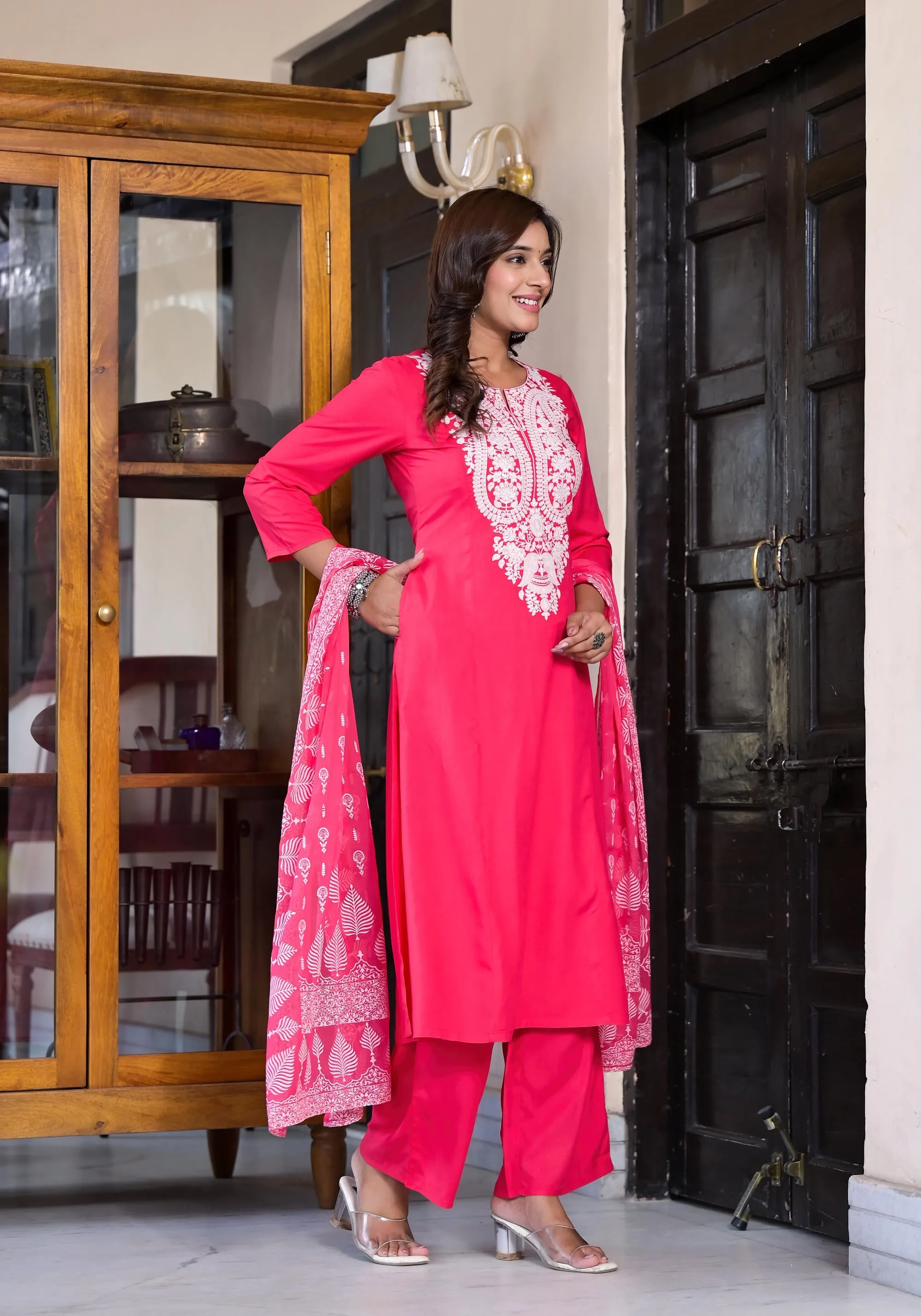 Fuchsia Thread Embroidered Liva Rayon Kurta Palazzo And Dupatta Set