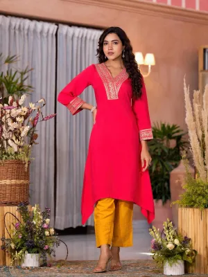 Fuchsia Zari Embroidered Viscose Kurta & Pant Set With Sequins