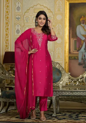 Fuchsia Zari Embroidered Viscose Kurta Pant And Dupatta Set With Lace