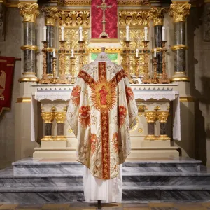 Full Gothic Chasuble in Cream 'Gothic' with Sarum Red 'Holbein' Orphreys and Embroidery