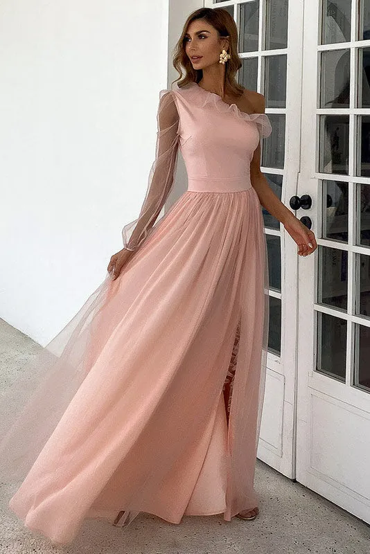 Full-Length Pink One Sleeve Prom Dress Evening Gown