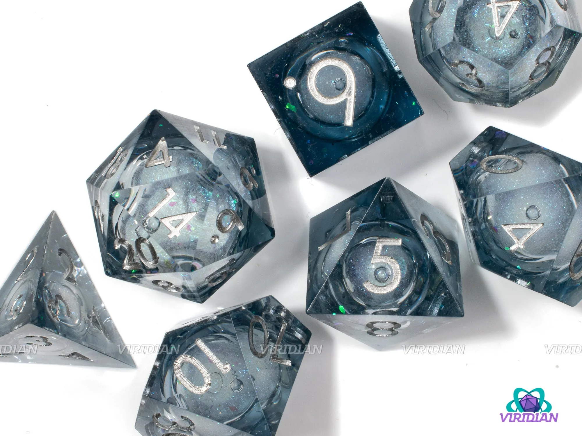 Full Moon | Liquid-Filled Core Black/Gray Sharp-Edged | Resin Dice Set (7)