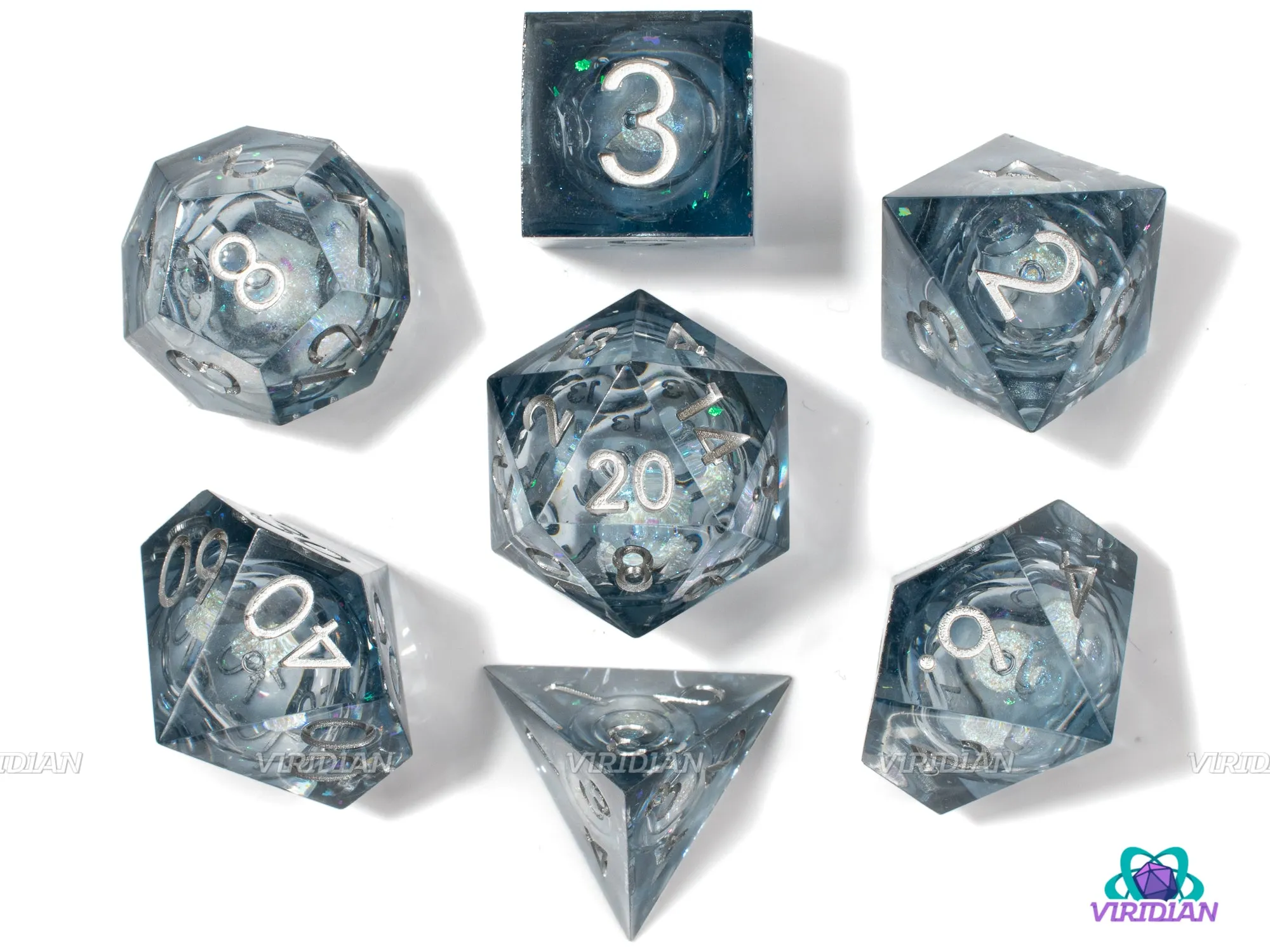 Full Moon | Liquid-Filled Core Black/Gray Sharp-Edged | Resin Dice Set (7)