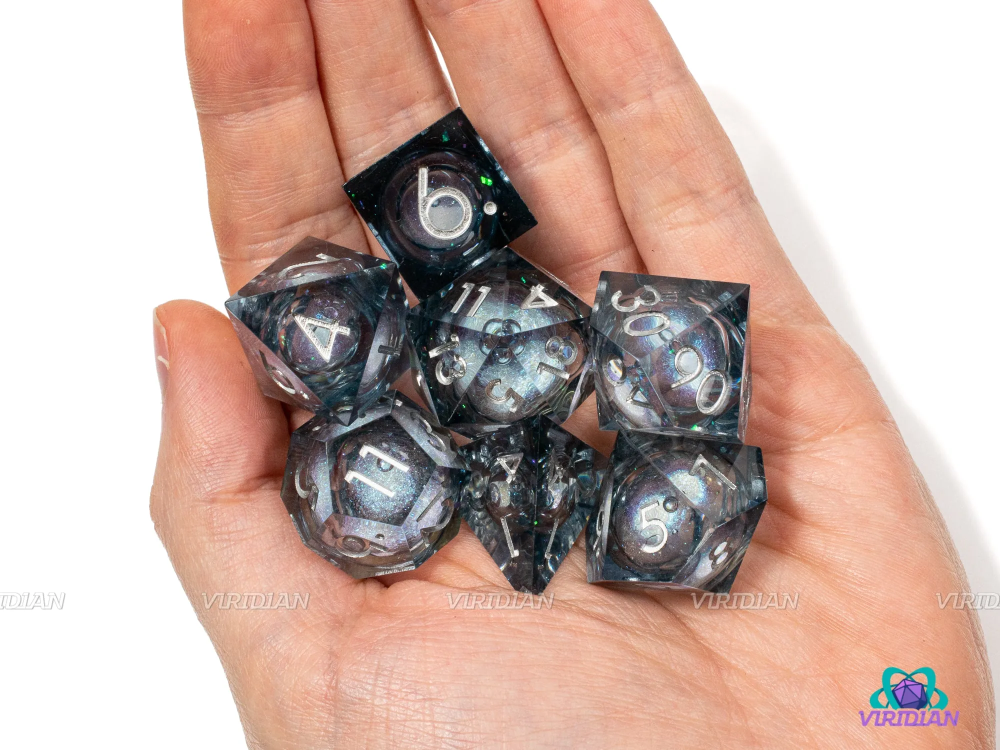 Full Moon | Liquid-Filled Core Black/Gray Sharp-Edged | Resin Dice Set (7)