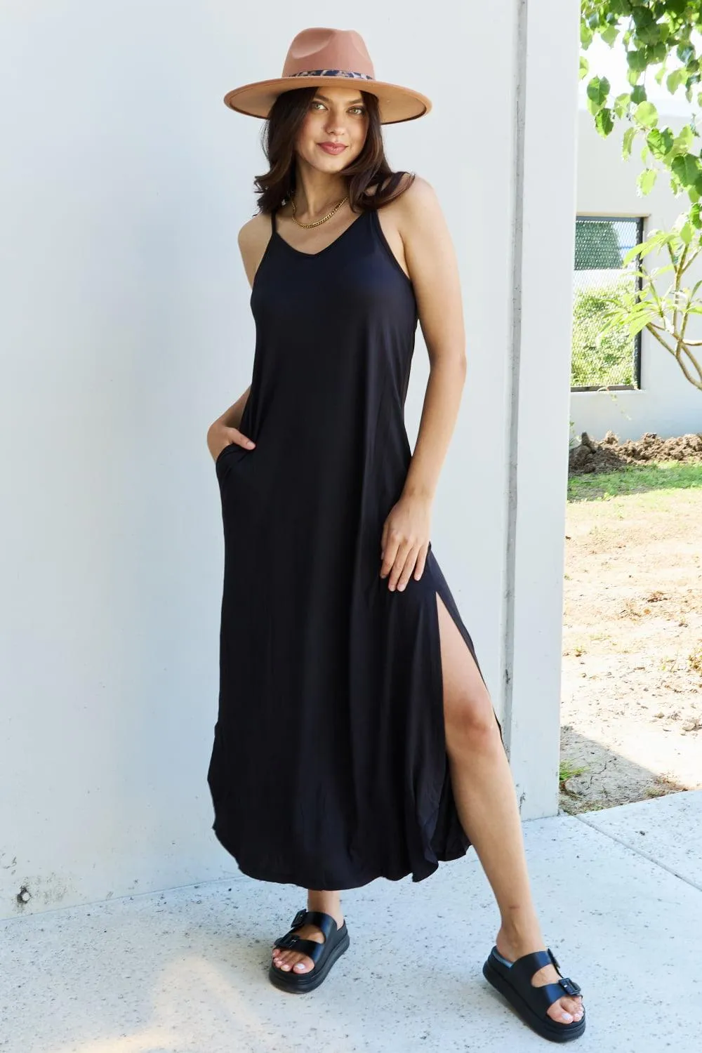 Full Size Cami Slit Maxi Dress in Black