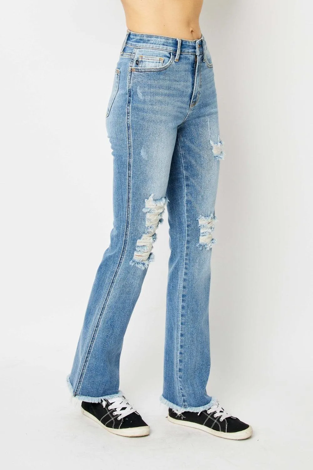 Full Size Distressed Raw Hem Bootcut Jeans