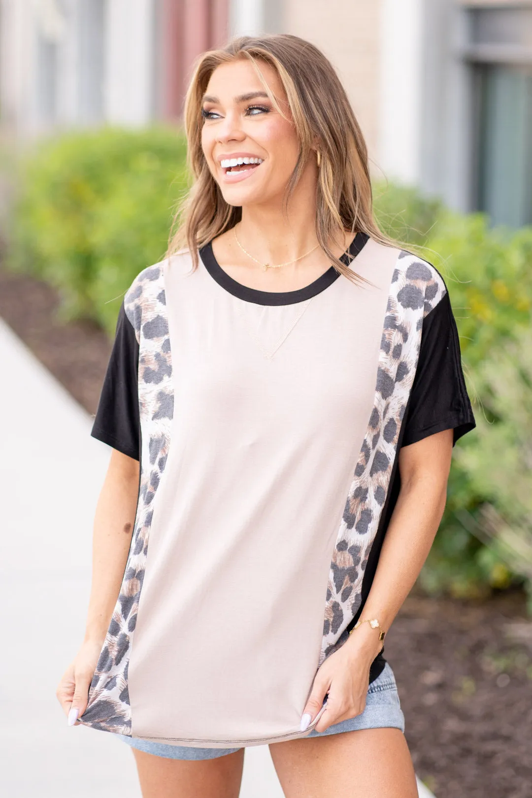 Full Size Leopard Color Block T-Shirt Plus & Regular Sizes