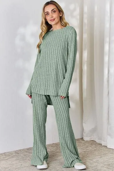 Full Size Ribbed Top and Wide Leg Pants Set