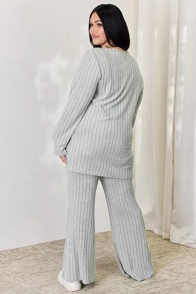 Full Size Ribbed Top and Wide Leg Pants Set