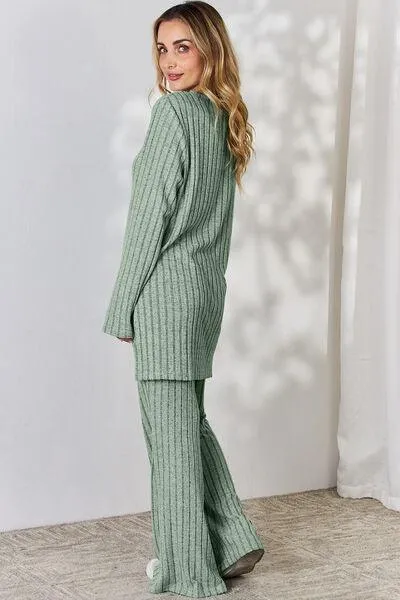 Full Size Ribbed Top and Wide Leg Pants Set