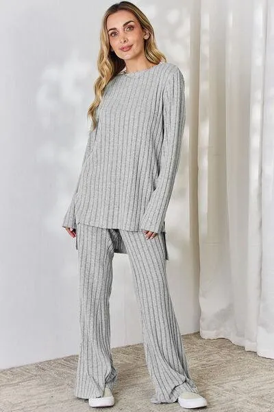 Full Size Ribbed Top and Wide Leg Pants Set