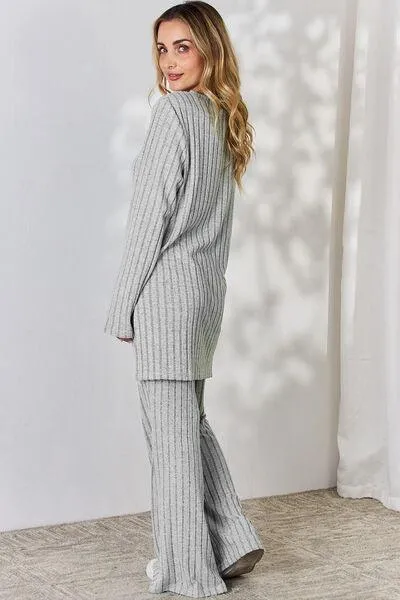 Full Size Ribbed Top and Wide Leg Pants Set