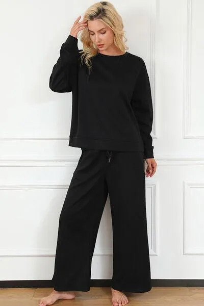 Full Size Textured Long Sleeve Top and Drawstring Pants Set