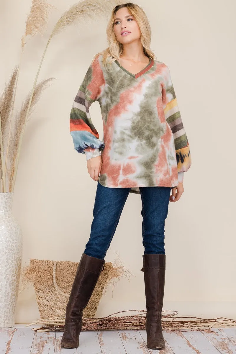 Full Size Tie-Dye Contrast Striped V-Neck Long Sleeve Blouse