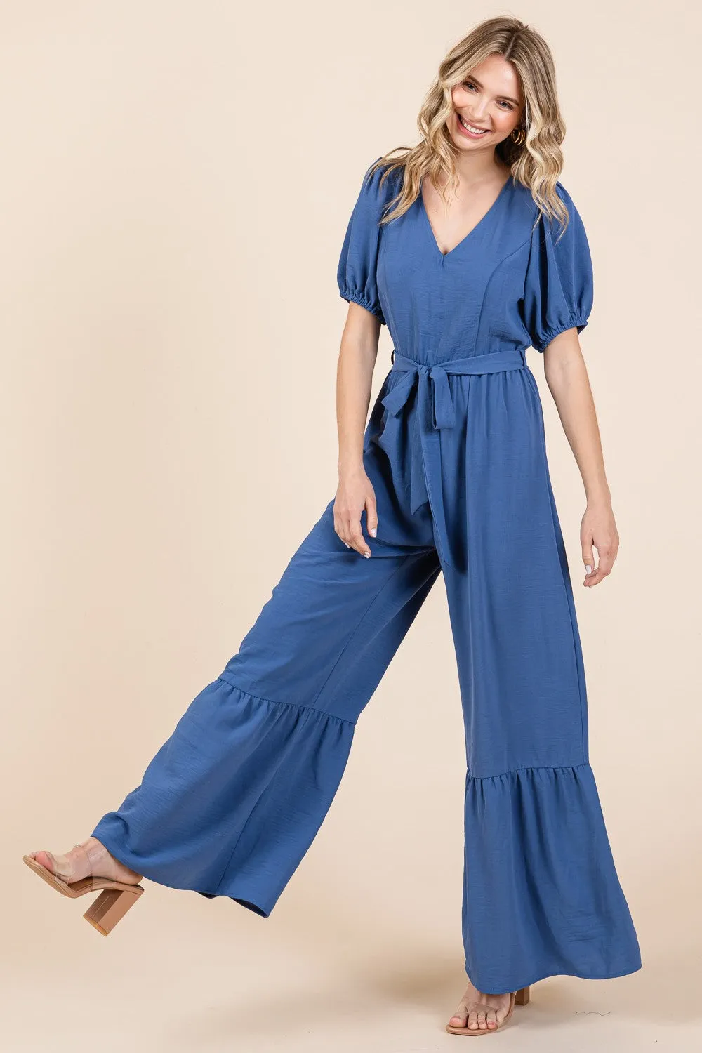 Full Size V-Neck Belted Wide Leg Jumpsuit