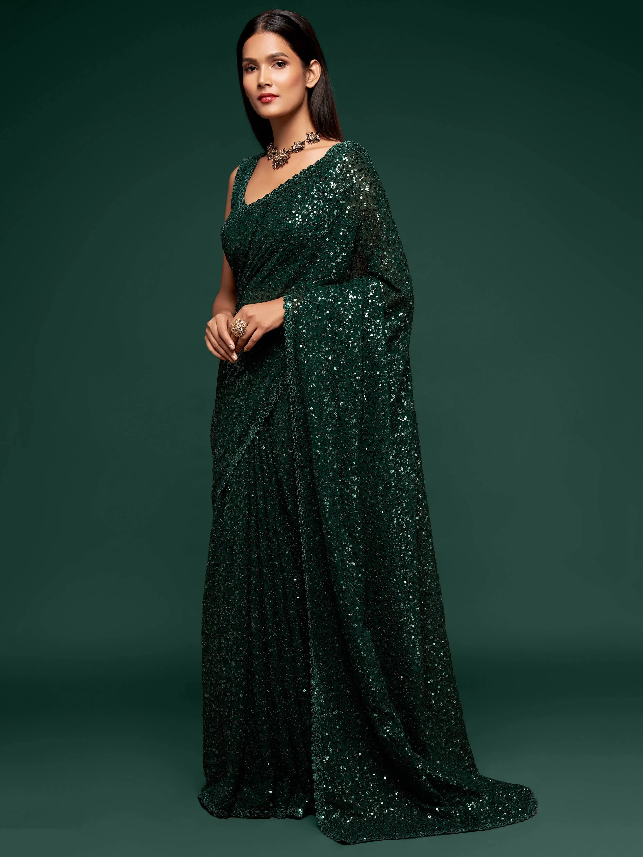 Fully Sequined Bottle Green Georgette Designer Saree