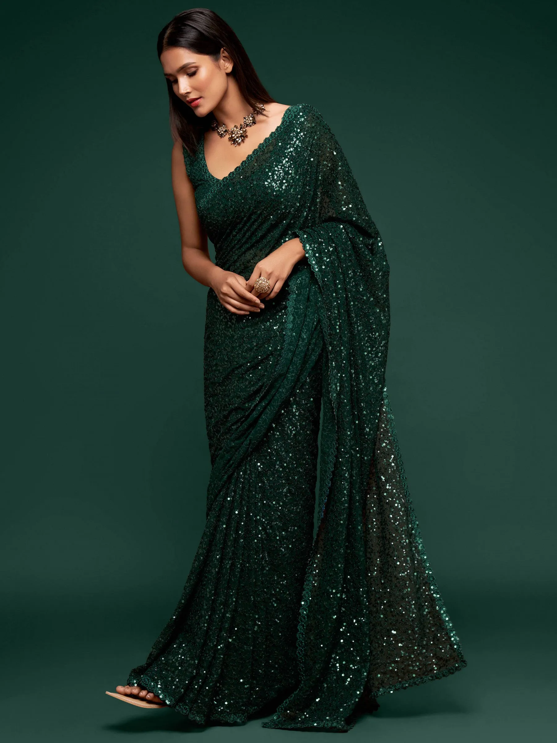 Fully Sequined Bottle Green Georgette Designer Saree