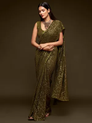 Fully Sequined Olive Green Georgette Designer Saree