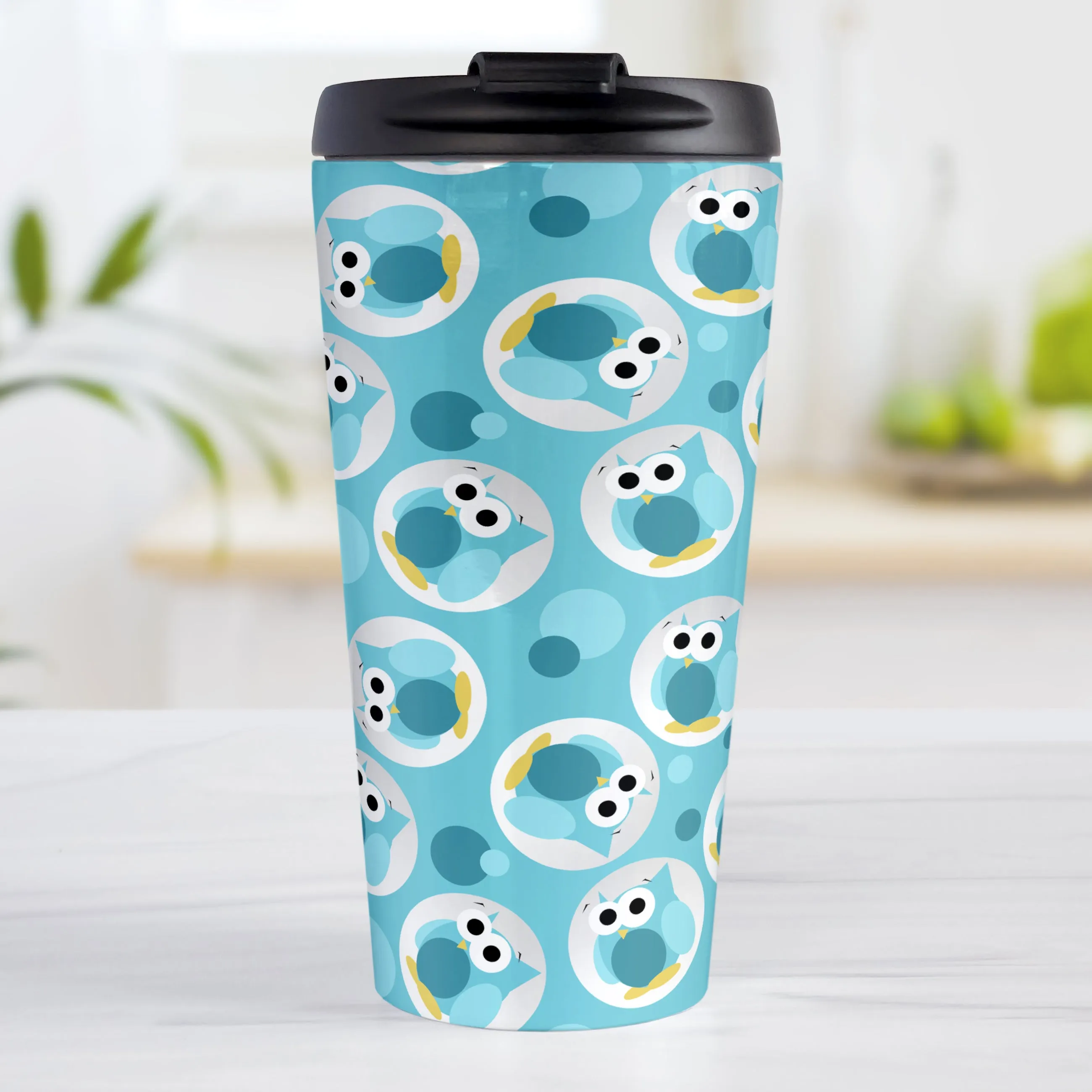 Funny Cute Turquoise Owl Pattern Travel Mug