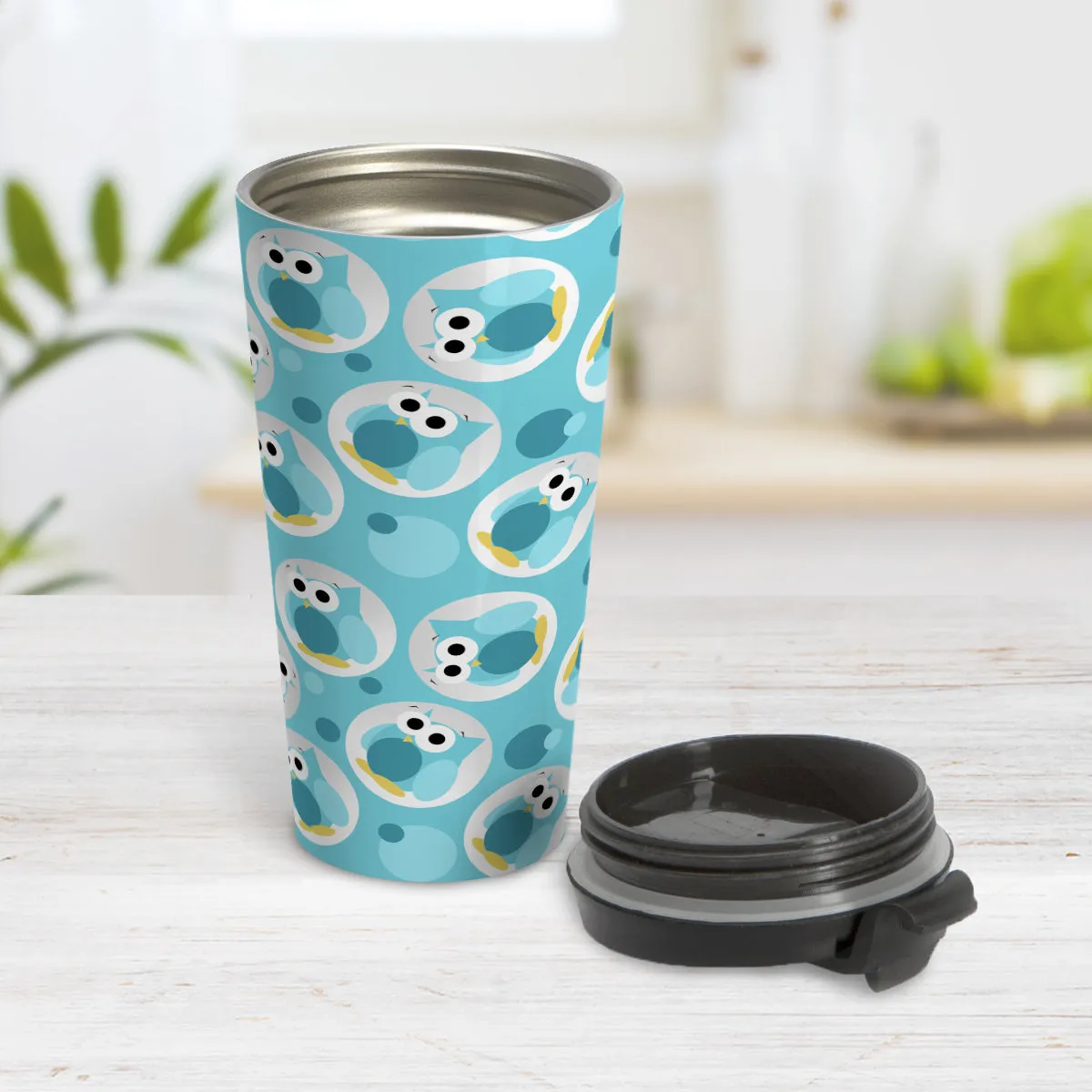 Funny Cute Turquoise Owl Pattern Travel Mug