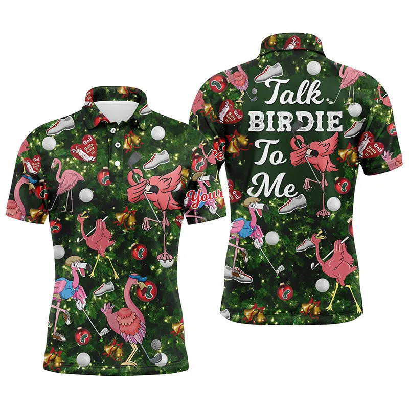 Funny Mens Golf Polo Shirt Custom Green Christmas Tree Flamingo Golf Shirts Talk Birdie To Me