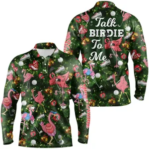 Funny Mens Golf Polo Shirt Custom Green Christmas Tree Flamingo Golf Shirts Talk Birdie To Me