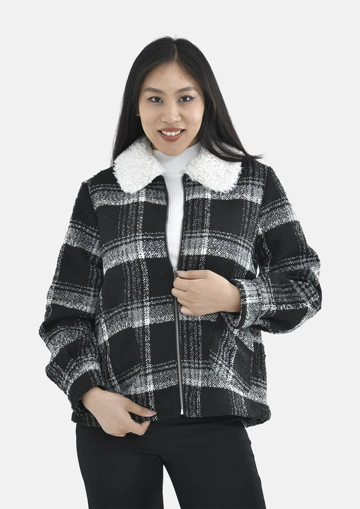 Fur Collar Check Trucker Jacket