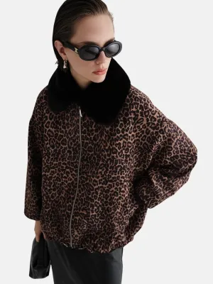 Fur Collar Oversize Bomber Jacket Leopard