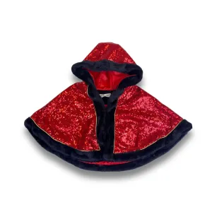 Fur Trim Hooded Sequin Cape -red & black