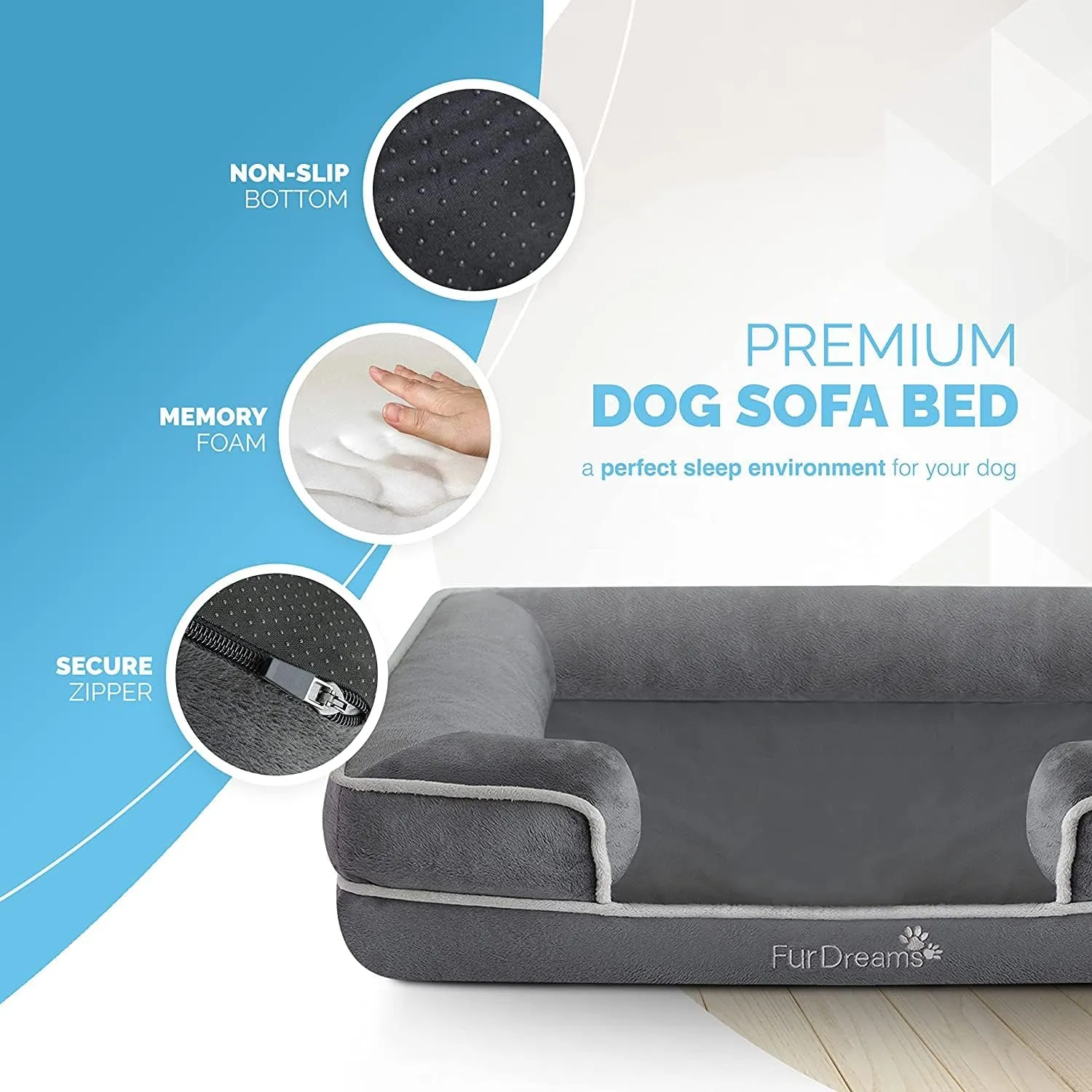 FurDreams Luxury Medium Pet Sofa Bed – Extra Padded Orthopedic Memory Foam Mattress with Non-Slip Base, Removable Washable Flannel Cover – Plush Grey Design (70x57x17cm)