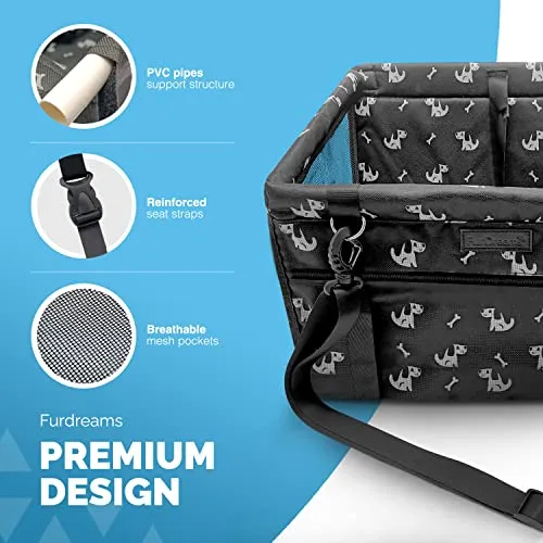 FurDreams Pet Car Seat - Dog Travel Booster Seat with Front Pocket for Cars and Vans, Portable and Foldable Carrier Basket with Adjustable Harness Strap, Reinforced Walls and Soft Waterpoof Material