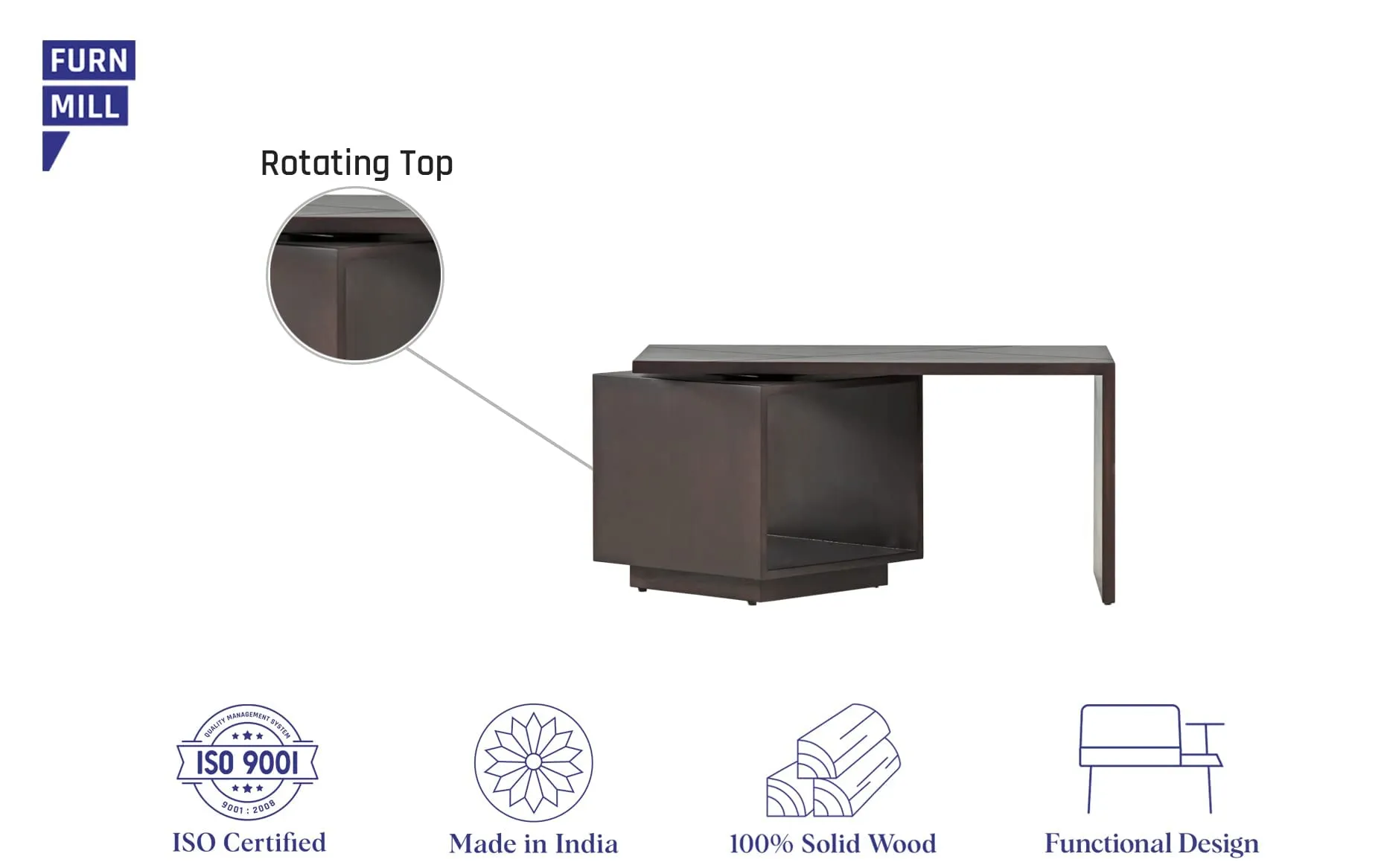 Furnmill Amber Rotate Center Table, Finish : Dark Walnut, Wooden Sofa Table for Living Room, Size : 90 X 45 X 45 CM