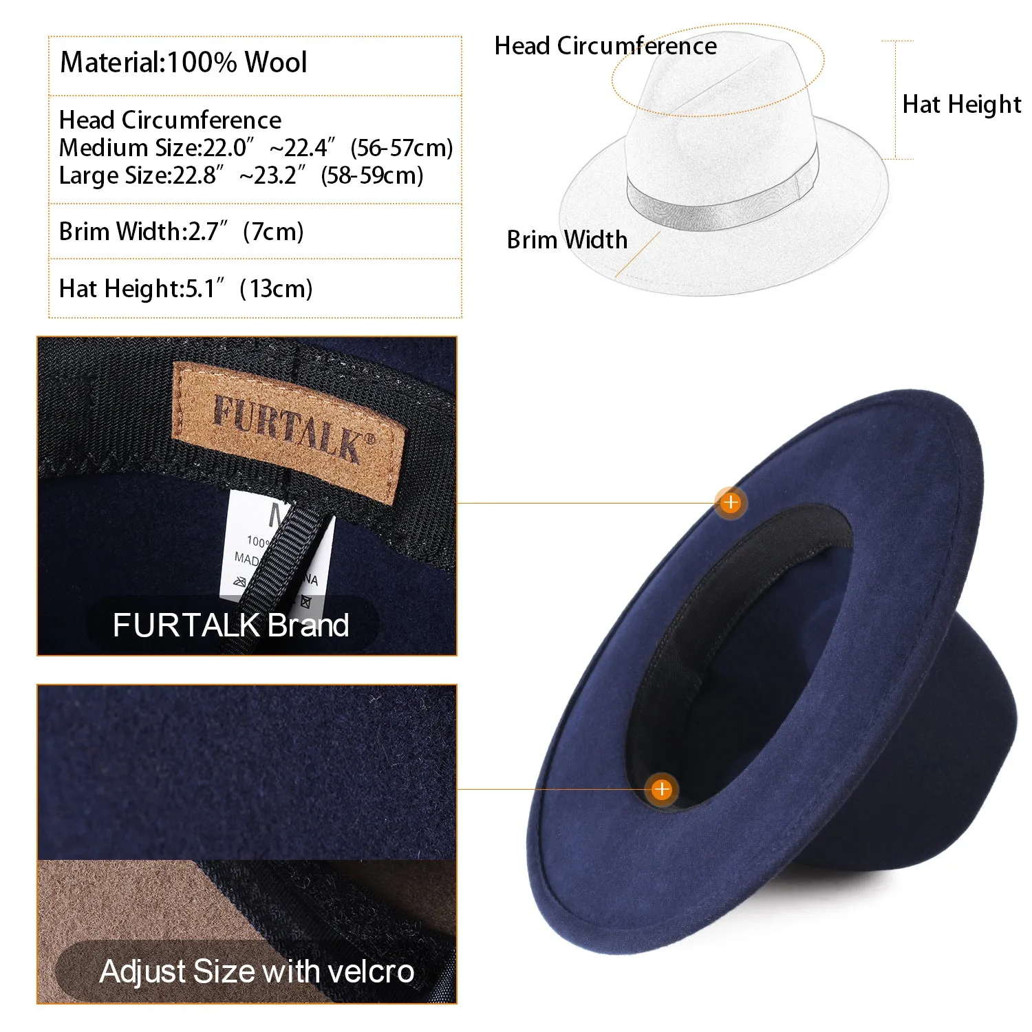 FURTALK Fedora Hats for Men Women 100% Australian Wool Felt Wide Brim Hat Ribbon Crushable Packable