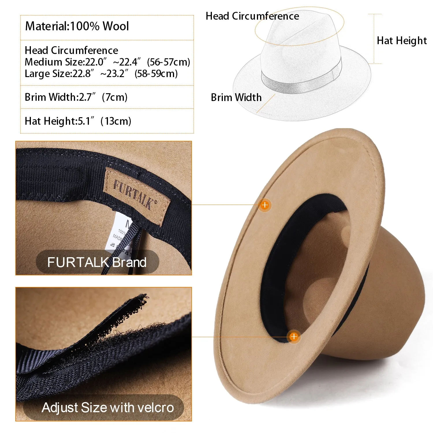 FURTALK Fedora Hats for Men Women 100% Australian Wool Felt Wide Brim Hat Ribbon Crushable Packable